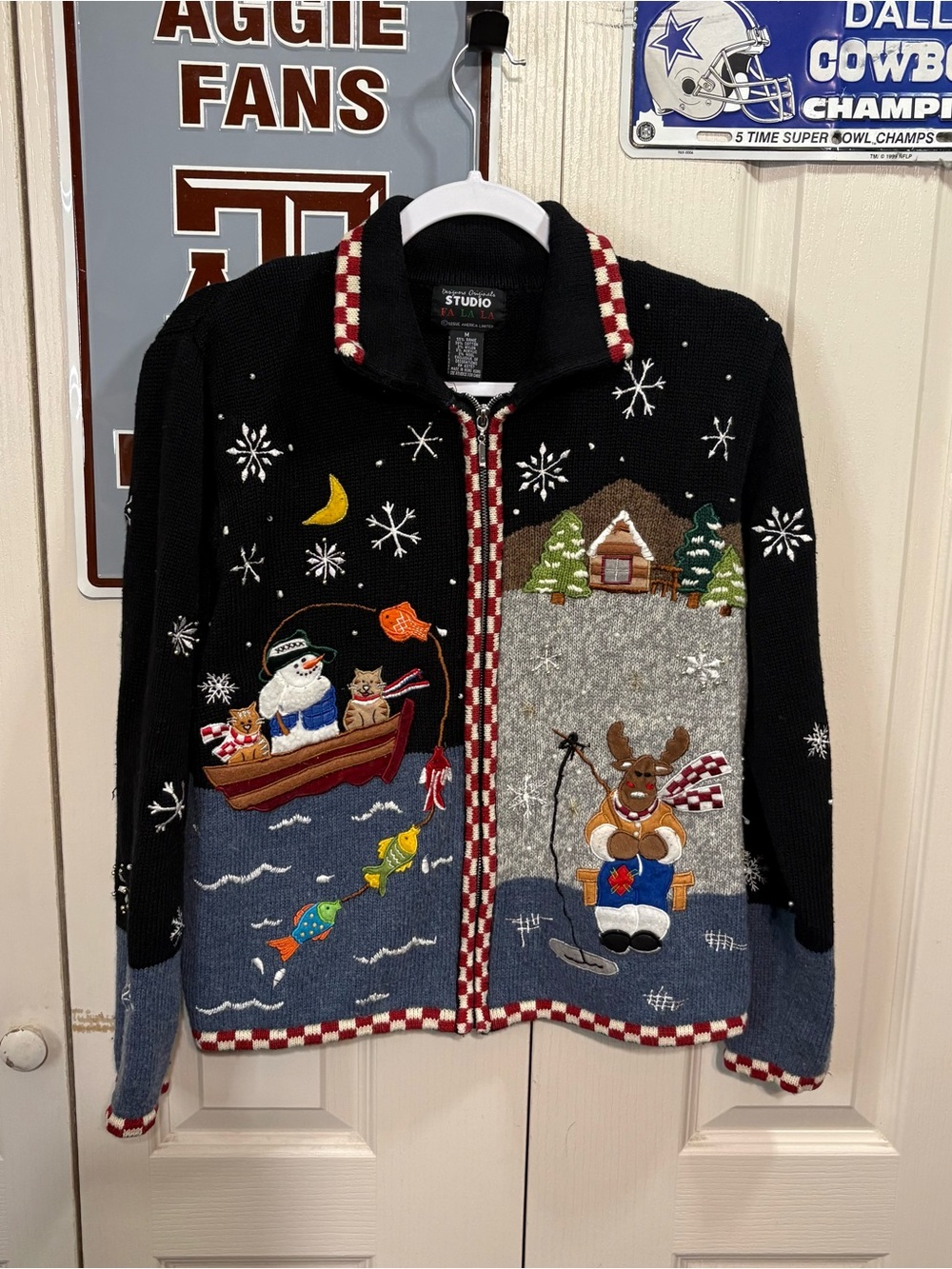 Studio Fa La La Black Holiday Fishing Sweater with Embroidered Winter Scene